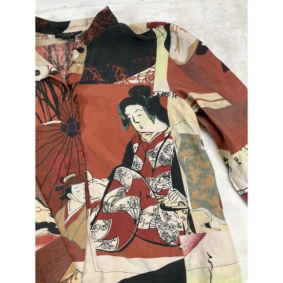 CITRON SANTA MONICA Asian Print Women's Top Snap Shirt Large Silk Linen 90’s Art - Picture 2 of 9